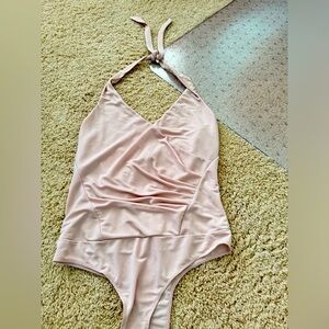 New BEBE high stretch natural cream nude color bodysuit camisole top sz M